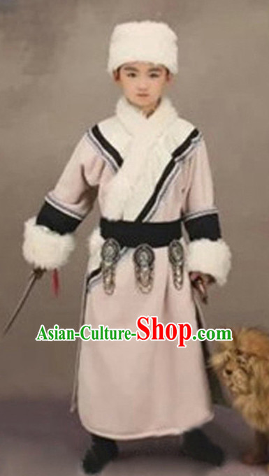 Chinese Ancient Mongolian Kids's Clothing _ Apparel Chinese Traditional Dress Theater and Reenactment Costumes and Hat Complete Set