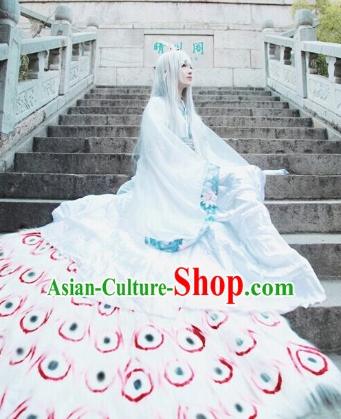 Chinese Men Traditional Royal Emperor White Peacock Dress Cheongsam Ancient Chinese Imperial Clothing Cultural Robes Complete Set