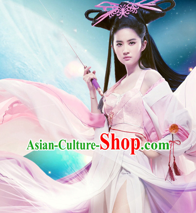 Chinese TV Drama Fairy Costume Ancient Theatrical Costumes Historical Clothing and Hair Jewelry Complete Set for Women