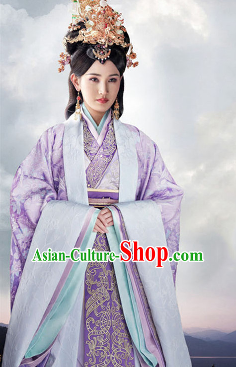 Top Chinese Ancient Empress Women's Clothing _ Apparel Chinese Traditional Dress Theater and Reenactment Costumes and Hat Complete Set