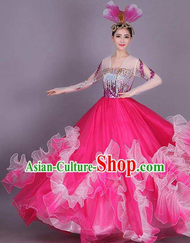 Chinese Flower Dance Costume Dance Costumes Fan dance Umbrella Ribbon Fans Water Sleeve Dancer Dancing Costumes Complete Set