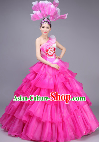 Chinese Flower Dance Costume Dance Costumes Fan dance Umbrella Ribbon Fans Water Sleeve Dancer Dancing Costumes Complete Set