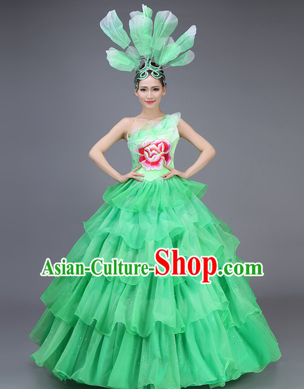 Chinese Flower Dance Costume Dance Costumes Fan dance Umbrella Ribbon Fans Water Sleeve Dancer Dancing Costumes Complete Set