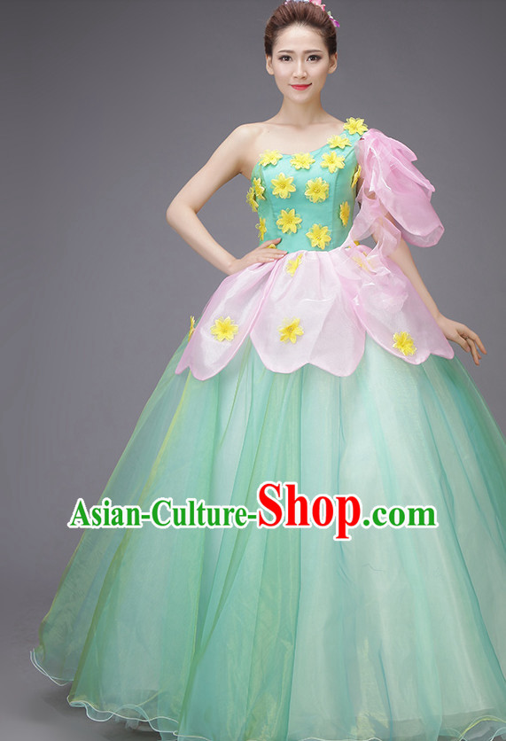 Chinese Flower Dance Costume Dance Costumes Fan dance Umbrella Ribbon Fans Water Sleeve Dancer Dancing Costumes Complete Set