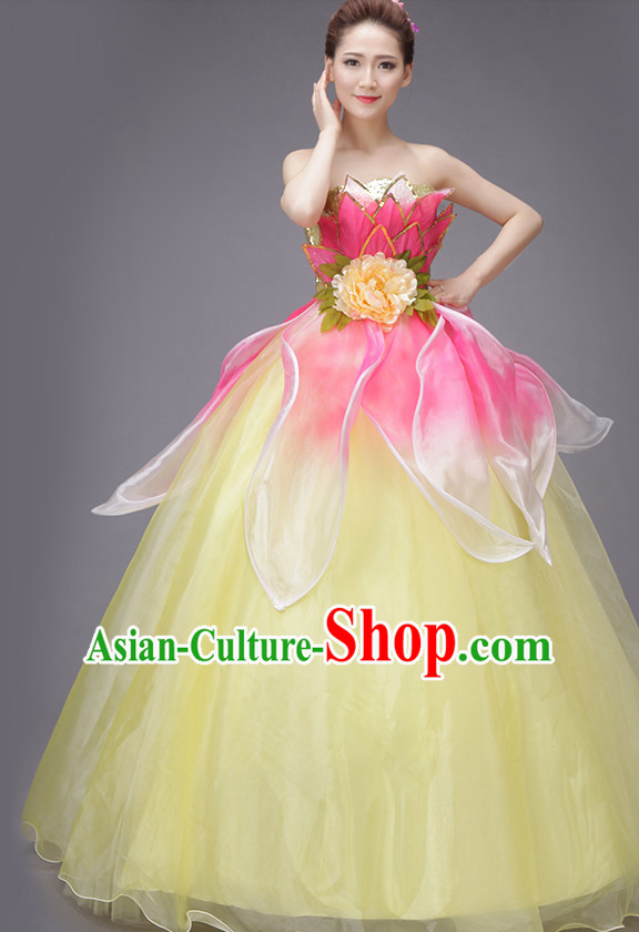 Chinese Flower Dance Costume Dance Costumes Fan dance Umbrella Ribbon Fans Water Sleeve Dancer Dancing Costumes Complete Set