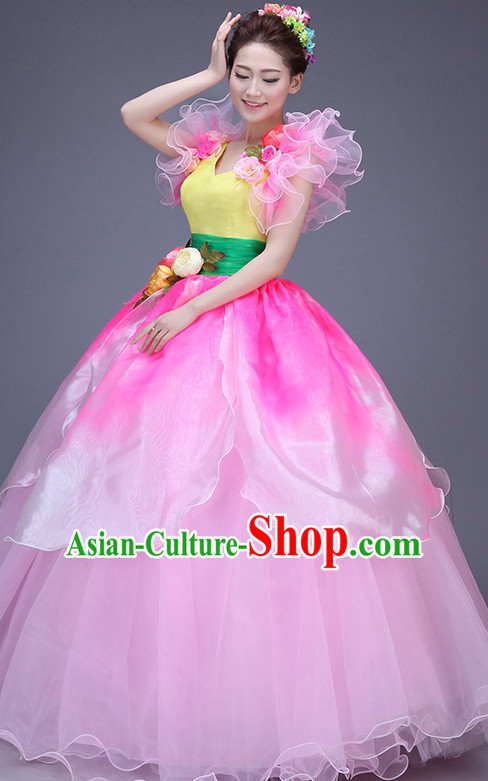 Chinese Lotus Flower Dance Costume Dance Costumes Fan dance Umbrella Ribbon Fans Water Sleeve Dancer Dancing Costumes Complete Set