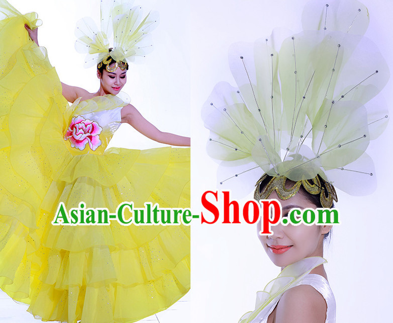 Yellow Chinese Flower Dance Costume Dance Costumes Fan dance Umbrella Ribbon Fans Water Sleeve Dancer Dancing Costumes Complete Set