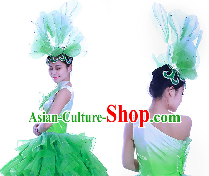 Green Chinese Flower Dance Costume Dance Costumes Fan dance Umbrella Ribbon Fans Water Sleeve Dancer Dancing Costumes Complete Set