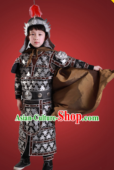 Ancient Chinese Children General Costume Armor Costumes and Hat Complete Set