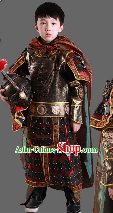 Ancient Chinese Children General Costume Armor Costumes and Hat Complete Set