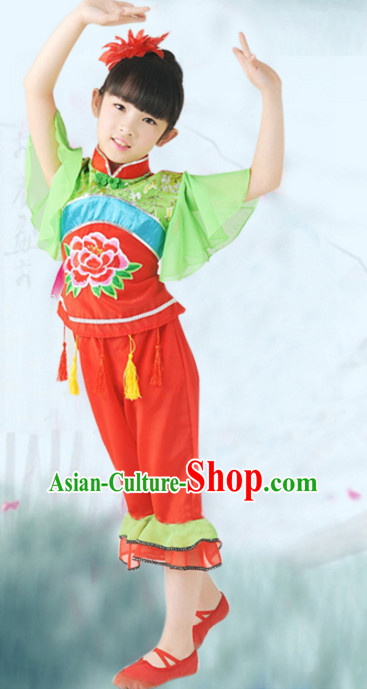 Traditional Chinese Fan Dancing Costume Chinese Dance Costumes Complete Set for Kids Girls