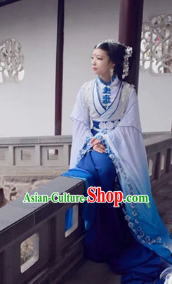 Top Blue Chinese Imperial Royal Princess Traditional Wear Queen Dresses Fairy Cosplay Costumes Ideas Asian Cosplay Supplies Complete Set