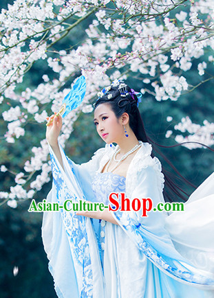 Light Blue Ancient China Princess Garment Traditional Imperial Queen Costumes High Quality Chinese Empress National Costumes and Accessories Complete Set for Women