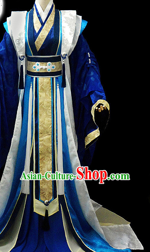 Blue Ancient Chinese Chancellor Hanfu Costumes High Quality Chinese National Costumes Complete Set for Men