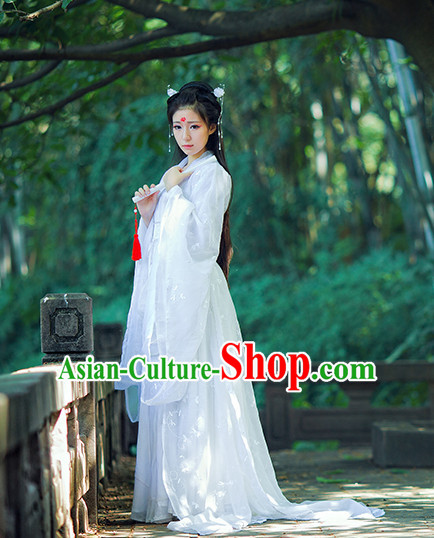 Ancient Chinese Pure White Hanfu National Costumes and Headpieces Complete Set for Women