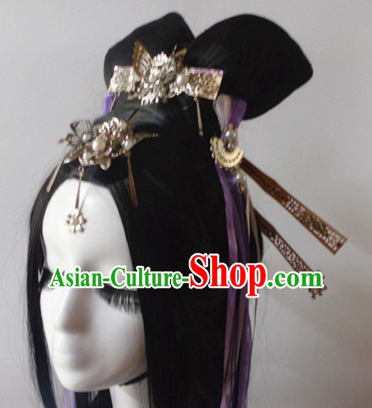 Chinese Classic Lady Black Long Wigs Headwear Crowns Hats Headpiece Hair Accessories Jewelry Set