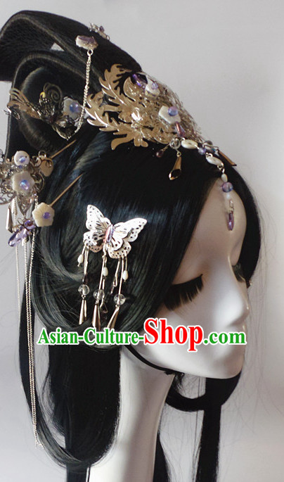 Chinese Classic Princess Fairy Long Black Wigs and Headwear Crowns Hats Headpiece Hair Accessories Jewelry Set