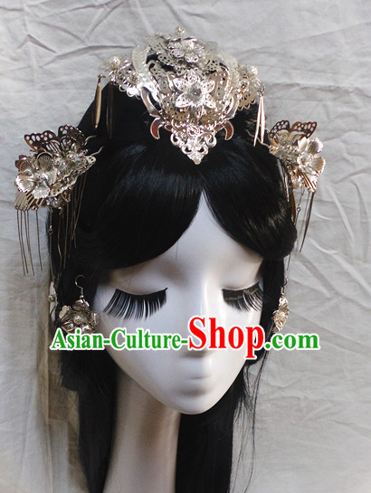 Chinese Classic Princess Fairy Long Black Wigs and Headwear Crowns Hats Headpiece Hair Accessories Jewelry Set