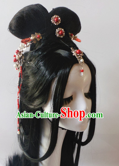 Chinese Classic Princess Fairy Long Black Wigs and Headwear Crowns Hats Headpiece Hair Accessories Jewelry Set