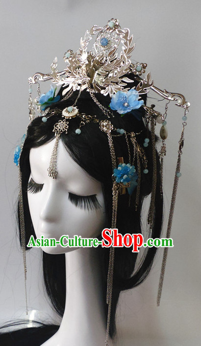 Chinese Classic Princess Fairy Long Black Wigs and Headwear Crowns Hats Headpiece Hair Accessories Jewelry Set