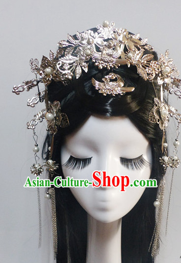 Chinese Classic Princess Fairy Long Black Wigs and Headwear Crowns Hats Headpiece Hair Accessories Jewelry Set