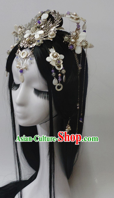 Chinese Classic Princess Fairy Long Black Wigs and Headwear Crowns Hats Headpiece Hair Accessories Jewelry Set