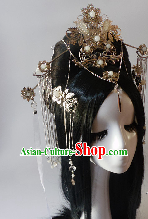 Chinese Classic Black Long Wigs and Headwear Crowns Hats Headpiece Hair Accessories Jewelry Set