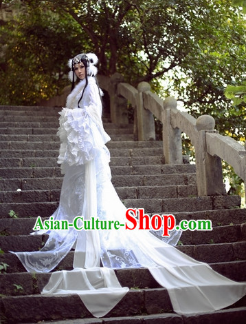 Top White Chinese Fairy Princess Hanfu Costumes Theater and Reenactment Costumes and Headgear Complete Set for Women