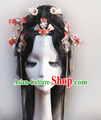 Orange Chinese Classical Fairy Headwear Crowns Hats Headpiece Hair Accessories Jewelry Set