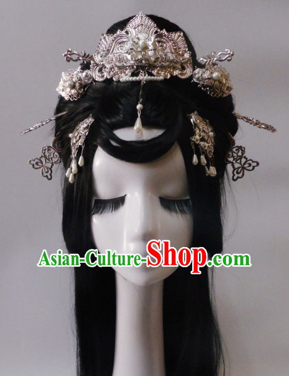 Silver Chinese Classical Fairy Long Wigs and Headwear Crowns Hats Headpiece Hair Accessories Jewelry Set