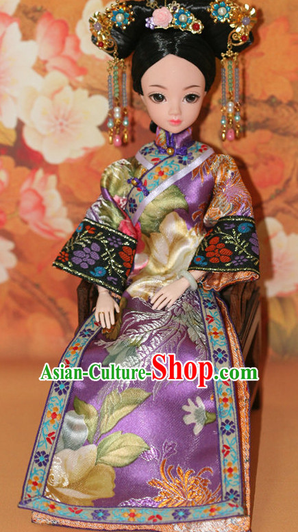 Traditional Qing Dynasty Chinese Clothing Imperial Dresses National Costume and Hairpins Complete Set for Women