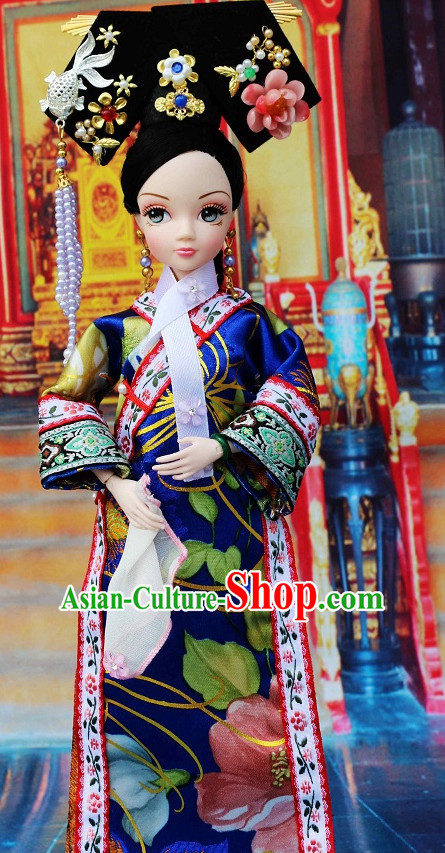 Traditional Qing Dynasty Chinese Women Clothing Imperial Dresses National Costume and Hair Ornaments Complete Set