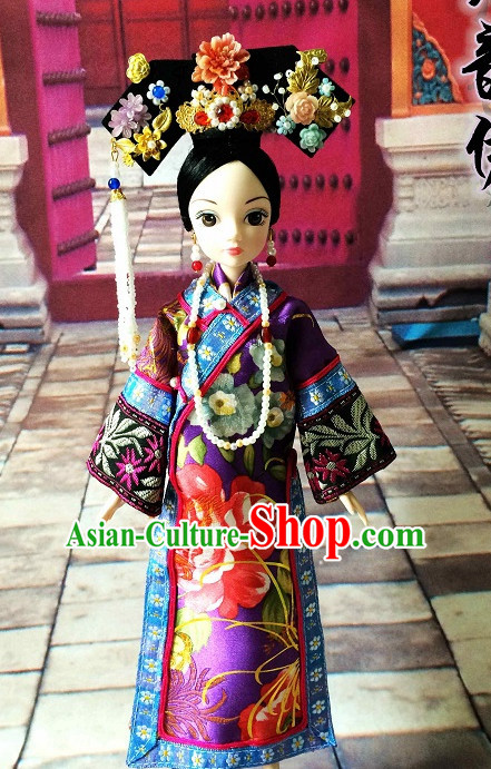 Traditional Qing Dynasty Chinese Women Clothing Imperial Dresses National Costume and Hair Ornaments Complete Set