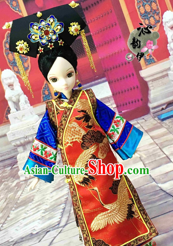 Traditional Qing Dynasty Chinese Women Empress Clothing Imperial Princess Dresses National Costume and Hair Ornaments Complete Set