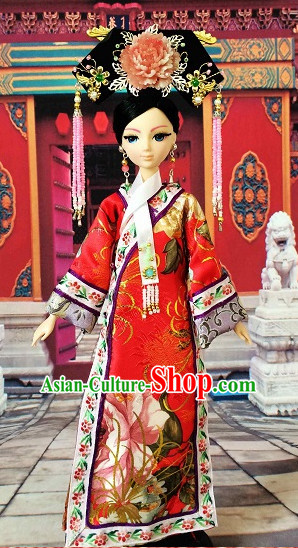 Traditional Qing Dynasty Chinese Women Empress Clothing Imperial Princess Dresses National Costume and Hair Ornaments Complete Set