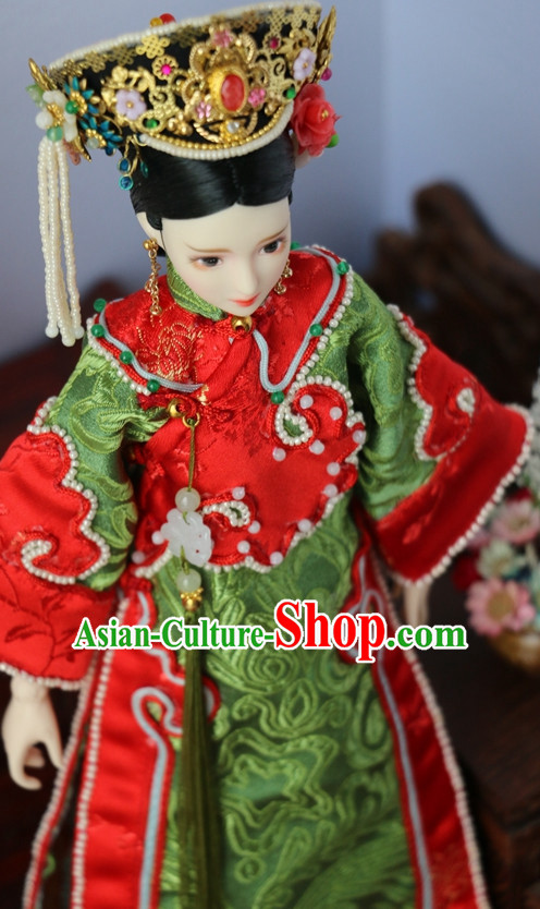 Traditional Qing Dynasty Chinese Women Empress Clothing Imperial Princess Dresses National Costume and Hair Ornaments Complete Set