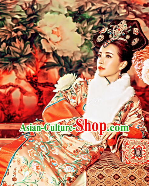 Traditional Qing Dynasty Chinese Women Empress Clothing Imperial Princess Dresses National Costume and Hair Ornaments Complete Set