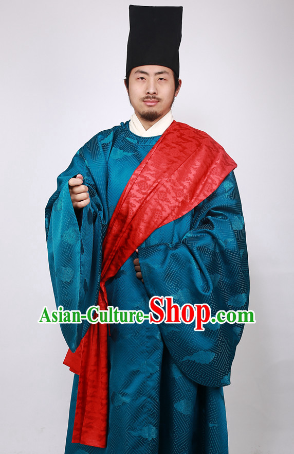 Chinese Scholar Ming Dynasty Han Fu Costumes Men Clothing Male Costume and Hat Complete Set