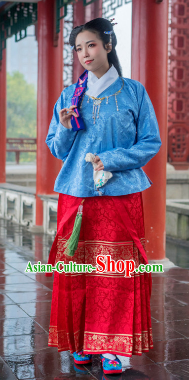 Chinese Ming Dynasty Female Han Fu Costumes and Hair Ornaments Complete Set