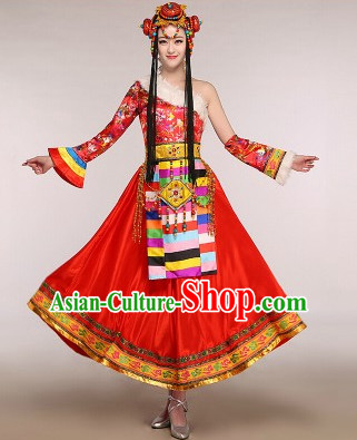 Chinese Minority Dance Dress China Fan Dance Costume Ribbon Dance Costumes Folk Dance Suit