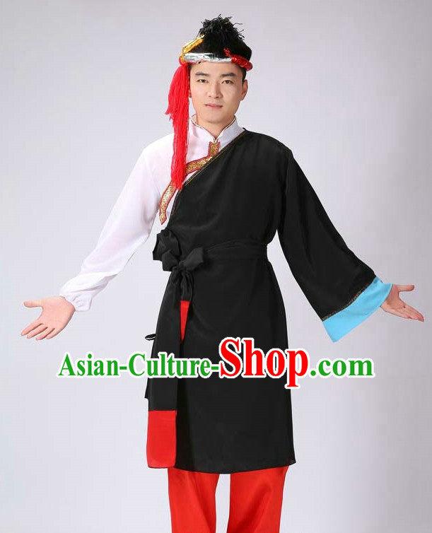 Chinese Tibetan Minority Men Dance Dress China Fan Dance Costume Ribbon Dance Costumes Folk Dance Suit