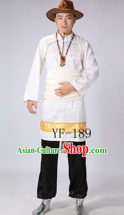 Chinese Tibetan Minority Men Dance Dress China Fan Dance Costume Ribbon Dance Costumes Folk Dance Suit