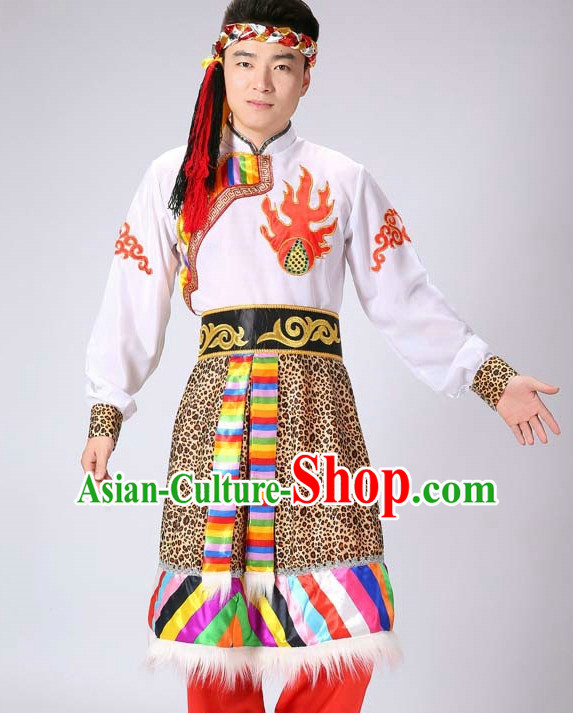 Chinese Tibetan Minority Men Dance Dress China Fan Dance Costume Ribbon Dance Costumes Folk Dance Suit