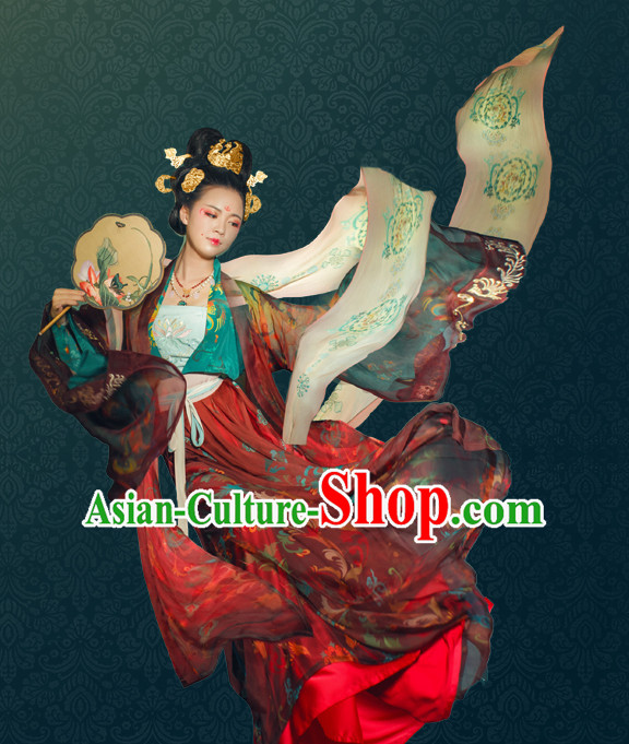 Chinese Traditional Tang Dynasty Royal Stage Hanfu Hanbok Kimono Feitian Costume Dresses Costume Ancient Fairy Garment and Headpieces Complete Set