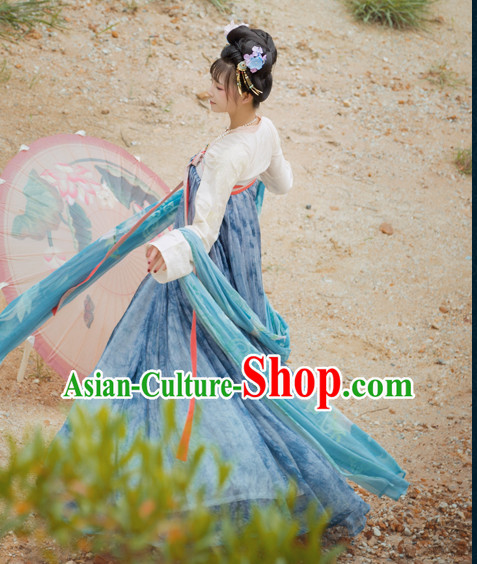 Chinese Traditional Tang Dynasty Royal Stage Hanfu Hanbok Kimono Feitian Costume Dresses Costume Ancient Fairy Garment and Headpieces Complete Set