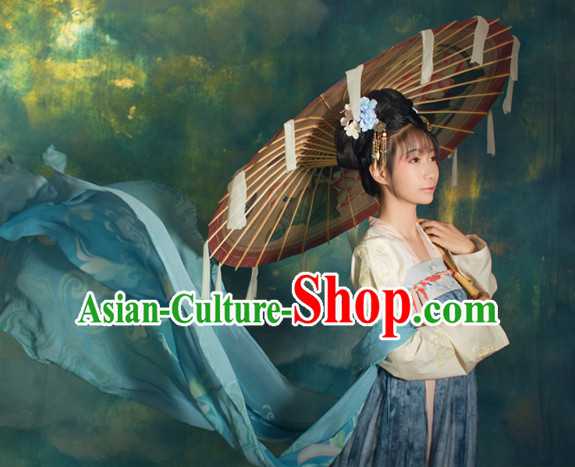 Chinese Traditional Tang Dynasty Royal Stage Hanfu Hanbok Kimono Feitian Costume Dresses Costume Ancient Fairy Garment and Headpieces Complete Set