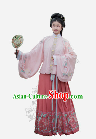 Chinese Traditional Ming Dynasty Royal Stage Hanfu Hanbok Kimono Feitian Costume Dresses Costume Ancient Fairy Garment and Headpieces Complete Set