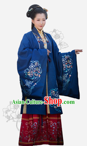 Chinese Traditional Ming Dynasty Royal Stage Hanfu Hanbok Kimono Feitian Costume Dresses Costume Ancient Fairy Garment and Headpieces Complete Set