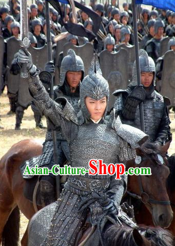 Chinese Traditional Men General Body Armor Stage Hanfu Costume Dresses Costume Ancient Garment and Headpieces Complete Set