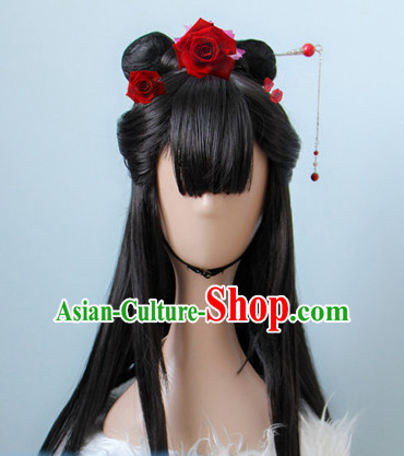 Chinese Ancient Style Long Black Hair Wig Hair Decoration Wigs Set